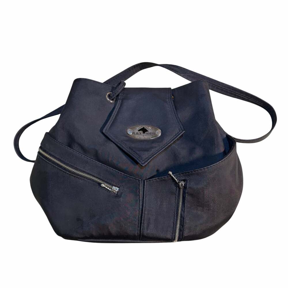 Black Horse Black Nylon Convertible Bucket Bag Backpack with Front Zipper Pocket